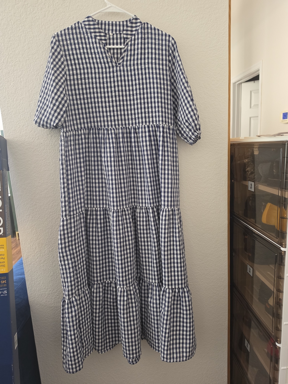 Navy Gingham Tiered Casual Dress